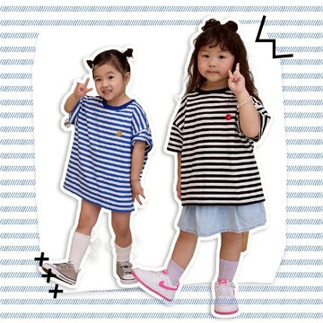 【hahababy】細條紋擁抱小刺繡-兒童落肩短T