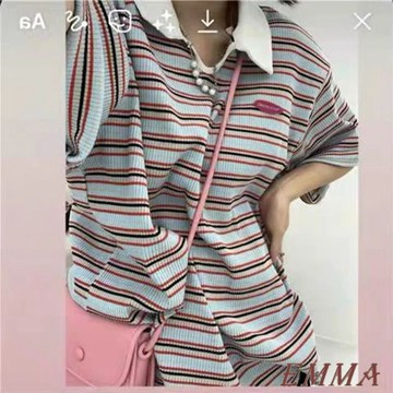 特大碼150公斤胖MM 設計感撞色條紋polo領短袖t卹女 夏季新款 百搭chic港味上衣 韓版氣質ins減齡穿搭 T恤