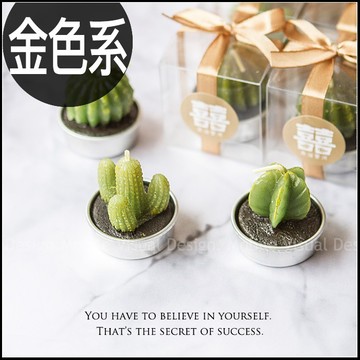 婚禮小物 金色系 囍字透明盒裝 療癒多肉仙人掌蠟燭 (3色系可挑，蠟燭隨機)-zakka雜貨/盆栽蠟燭