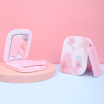 小鏡子女隨身攜帶折疊桌面梳妝鏡迷你小號套裝手持化妝鏡梳子一體