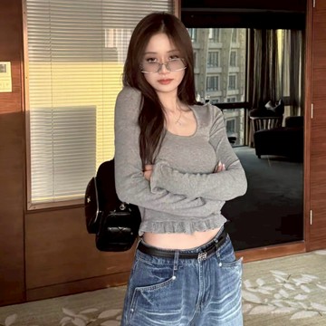 長袖t恤 INS韓系木耳边素T方領內搭短版上衣女生春秋穿搭露肚微辣上衣大碼女裝 10818