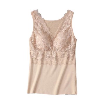 秋冬桑蠶絲保暖女背心 真絲V領蕾絲帶胸墊一體修身加絨打底上衣