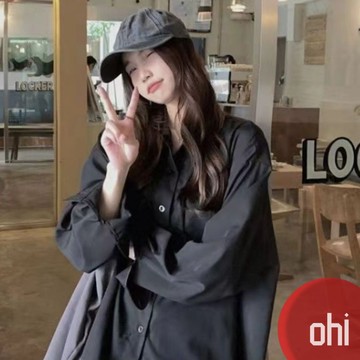 【ohi】設計感純棉復古黑色襯衫 潮酷風 長袖襯衫 學院風襯衫女 女生襯衫 襯衣 襯衫 上衣 女裝 GSNA06