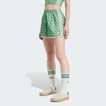 ADIDAS 短褲 MONO 3S SHORTS 綠色 滿版 三葉草 緞面短褲 女 IX0931