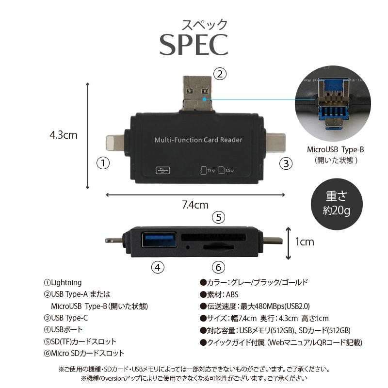 SDカードリーダー iphone android usb 3.0 type c 高速 バックアップ マルチカードリーダー メモリーカード 転送 写真  音楽 4in1 | LINEショッピング