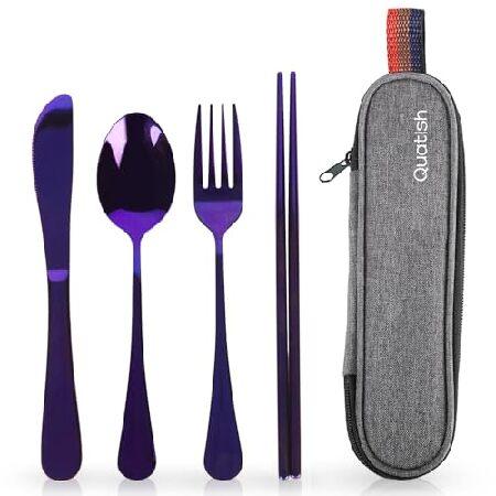 Travel Utensils with Case, Quatish Portable Silverware Set for Work, Lunch Reusable Travel Cutlery Set, 304 Stainless Steel Fork and Spoon Set for Cam