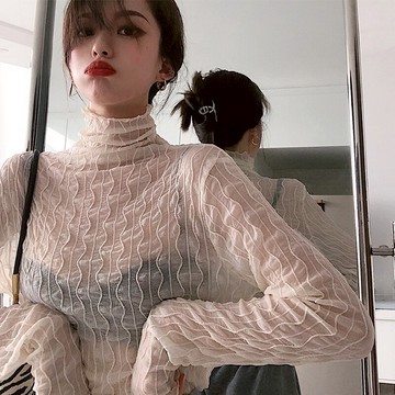 高領網紗蕾絲打底衫女薄款春秋新款時尚洋氣內搭長袖緊身小衫上衣
