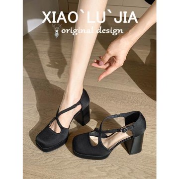 粗跟方頭交叉扣帶黑色瑪麗珍鞋女絕美涼鞋防水臺厚底不累腳高跟鞋