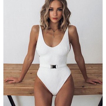 ins爆款性感純色簡約含腰帶連體泳衣比基尼