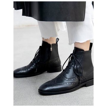 黑色側拉鏈馬丁靴女秋冬季新款百搭平底短靴英倫風系帶真皮單靴子