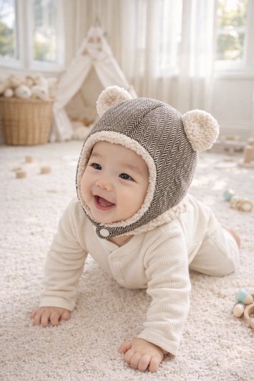 倫敦紳士灰針織 手工嬰幼兒保暖飛行帽 寶寶帽 保暖帽