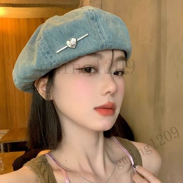 【顯臉小】新款愛心藍色水洗牛仔貝雷帽 女夏薄款透氣八角畫家帽 大頭圍帽子 免運 帽子女 帽子 大頭圍帽子 透氣帽子 貝雷