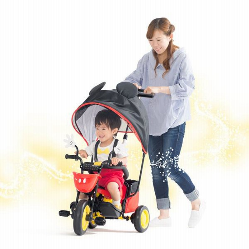 三輪車 2歳 3歳 1歳半 手押し棒付き カーゴサンシェード ミッキー