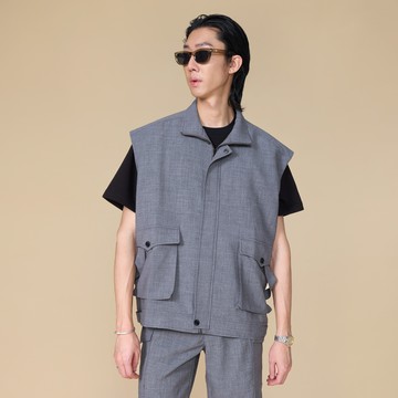 立體袋蓋口袋灰色休閒背心 | 00172504101