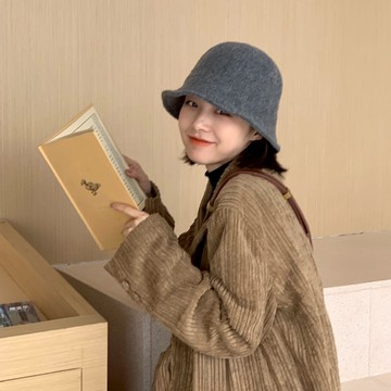 日系文藝羊毛混紡針織毛線漁夫帽子女秋冬短檐純色顯臉白保暖盆帽1入