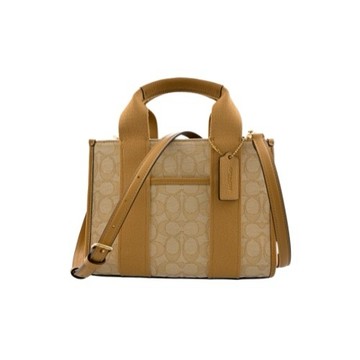 [平輸版] 【COACH】 淺卡其C LOGO 拼接荔枝紋皮革帆布織帶手提/斜背小款立體方包 真品平輸