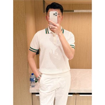 法式商務男裝翻領修身t恤男士短袖 夏季時尚高級鏤空針織polo衫男