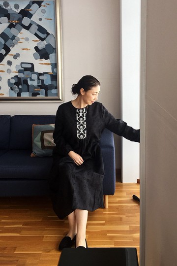 黑茉莉 黑色苧麻棉 中式立體刺繡 長洋裝