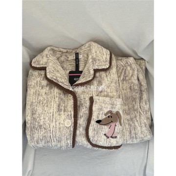 日系可愛情侶睡衣女秋冬季珊瑚絨卡通雪納瑞加厚保暖可外穿家居服