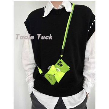 適用華為蘋果16promax斜挎手機殼靚色系掛繩一體iPhone15熒光綠多巴胺搭配帶磁吸氣囊支架蝴蝶結不撞殼夏天綠