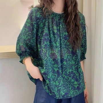＊ORead＊復古印花燈籠袖天絲圓領上衣(圖片色M~2XL)