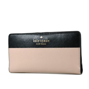 KATE SPADE 銀字防刮十字紋拚色釦式長夾-黑/杏-特