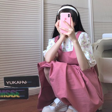 背帶裙女裝夏季新款小清新連衣裙粉色甜美學生小個子碎花裙子