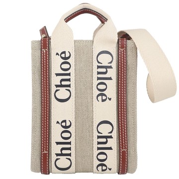 CHLOE WOODY NORTH SOUTH 亞麻布咖啡色皮邊直式斜背/手提包