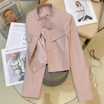 粉色皮衣短外套女2025早春新款韓版pu美式復古小個子機車夾克上衣