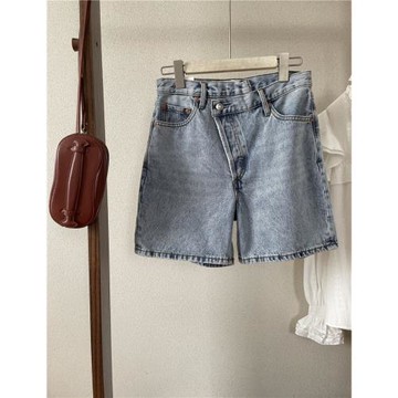 莼原美系Ag新款牛仔短褲女高腰交叉腰直筒小寬松四分褲夏顯瘦