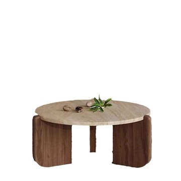 實木洞石茶幾極簡簡小茶小戶型客廳家用圓形陽臺大理石咖啡矮桌[DD010109]