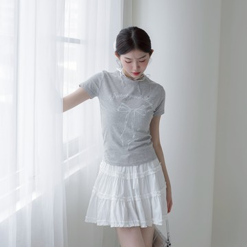 純真迷人~蝴蝶結印花圓領短袖上衣 RC200151【現貨】