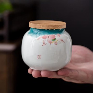 手繪羊脂玉茶葉罐帶竹制密封圈蓋子密封罐存儲罐茶葉茶倉旅行茶罐