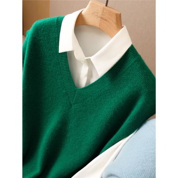 秋季V領無袖內搭新款針織羊絨衫女套頭馬甲毛衣寬松打底純羊毛衫