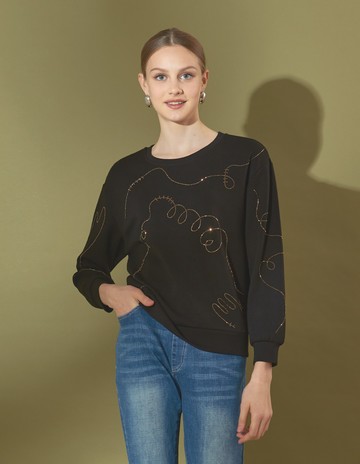 ★【喜芝梅】尋寶地圖 藝術感金絲抽象線條圓領上衣(黑色；M-2L) 225750810