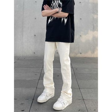 美式高街cleanfit純色休閑牛仔褲男潮ins顯瘦堆積感直筒微喇褲子