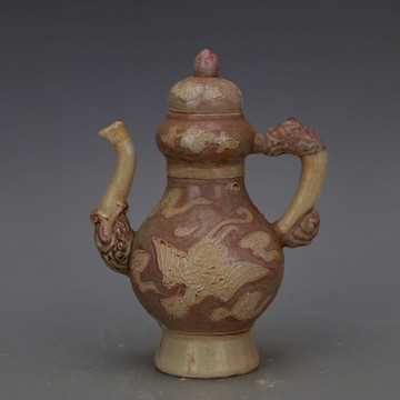 元代釉里紅麒麟鳳紋龍柄僧帽壺 仿古舊貨軟裝博古架裝飾收藏擺件