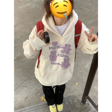 美式重磅正肩加絨加厚連帽衛衣女套頭紫色熊卡通秋冬季上衣女外套