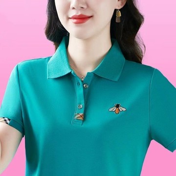 外貿尾單大牌剪標撤櫃小蜜蜂顯瘦修身百搭翻領女士短袖 短袖衣服 女生t恤 每日穿搭 潮流 POLO領T恤 拚接T恤