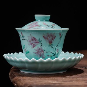 景德鎮陶瓷手繪玉蘭花蓋碗茶杯茶具純手工釉上彩三才敬茶碗泡茶器