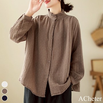 【ACheter】襯衫文藝休閒印花復古長袖顯瘦木耳邊領寬鬆中長上衣 # 116278(現貨+預購)