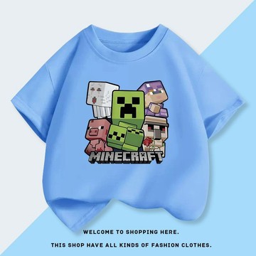 台灣出貨 麥塊衣服 麥塊童裝 麥塊 我的世界衣服 Minecraft我的世界男童短袖t恤童裝衣服苦力怕末影人印花純棉半袖