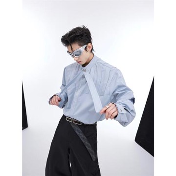 CulturE小眾解構立體壓褶長袖飄帶設計感襯衫男寬松慵懶貴氣開衫