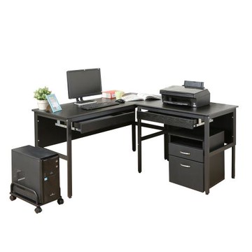 《DFhouse》頂楓150+90公分大L型工作桌+2抽屜+主機架+活動櫃 -黑橡木色
