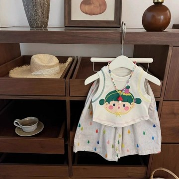 夏季兩件韓系女童寶寶度假卡通背心小雨點新款筒褲套裝 兒童套裝 短袖套裝 運動套裝 女童休閒兩件套 夏天衣服