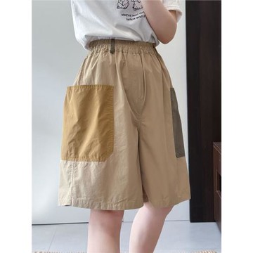 日系工裝風個性大口袋設計純棉松緊腰寬松休閑減齡小眾五分褲女夏