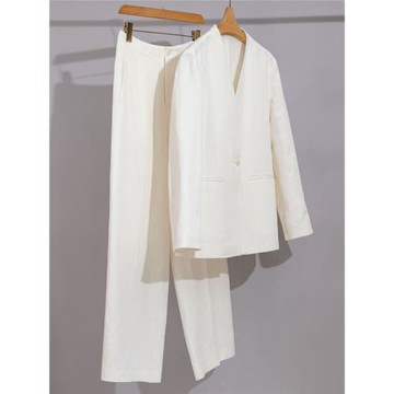 老錢風亞麻西裝闊腿褲兩件套V領透氣寬松上衣直筒褲子FR253287