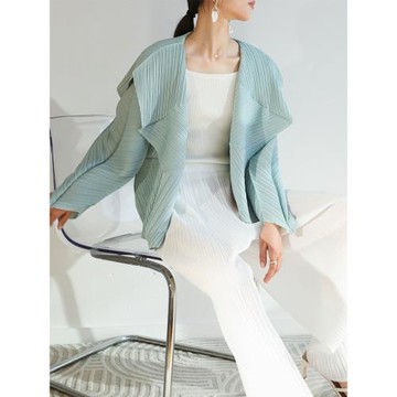 設計感不規則褶皺短外套女夏時尚休閑小個子翻領長袖開衫上衣