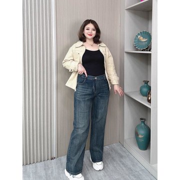 春秋新品大碼女裝高腰直筒牛仔褲女胖mm寬松顯瘦彈力休閑闊腿褲子
