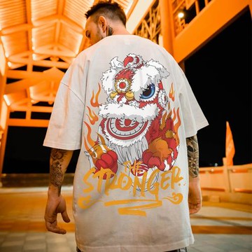 男士短袖t恤男國潮潮牌醒獅舞獅青年純棉大碼胖子寬松休閑上衣男